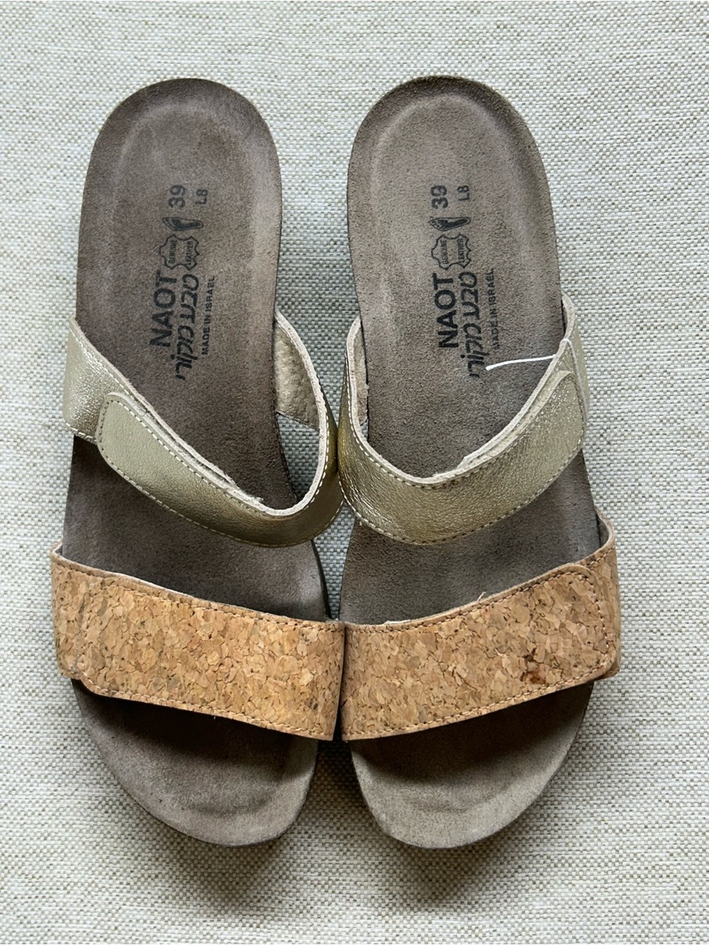 Naot Two-Strap Cork & Leather Slide Sandals in Tan and Beige